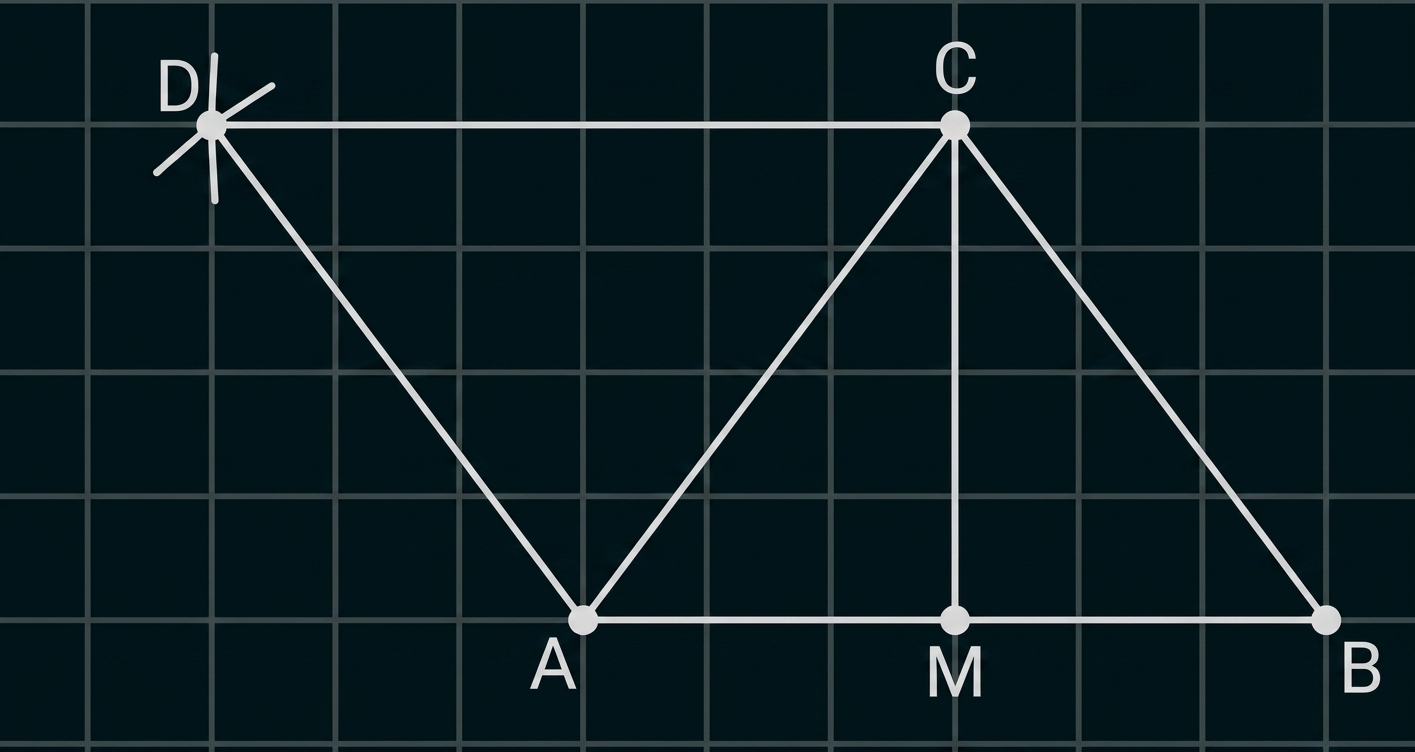 Geometrische Zeichnung mit Punkten A, B, C, D und M auf einem Gitternetz.